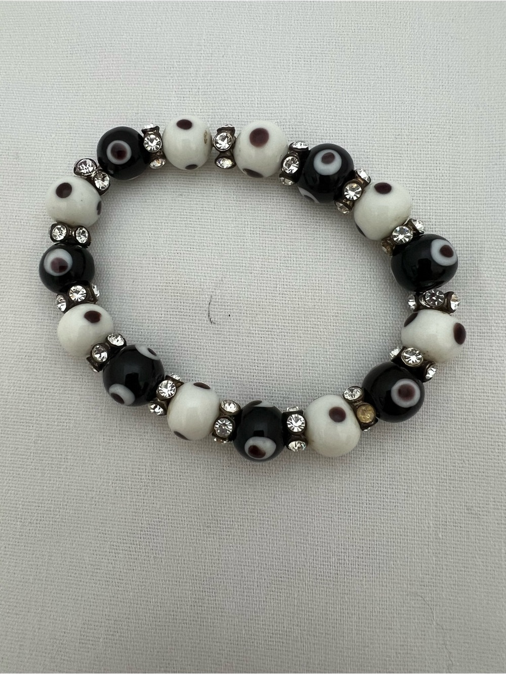 Black & White Beaded Stretch Bracelet with Crystal Accents